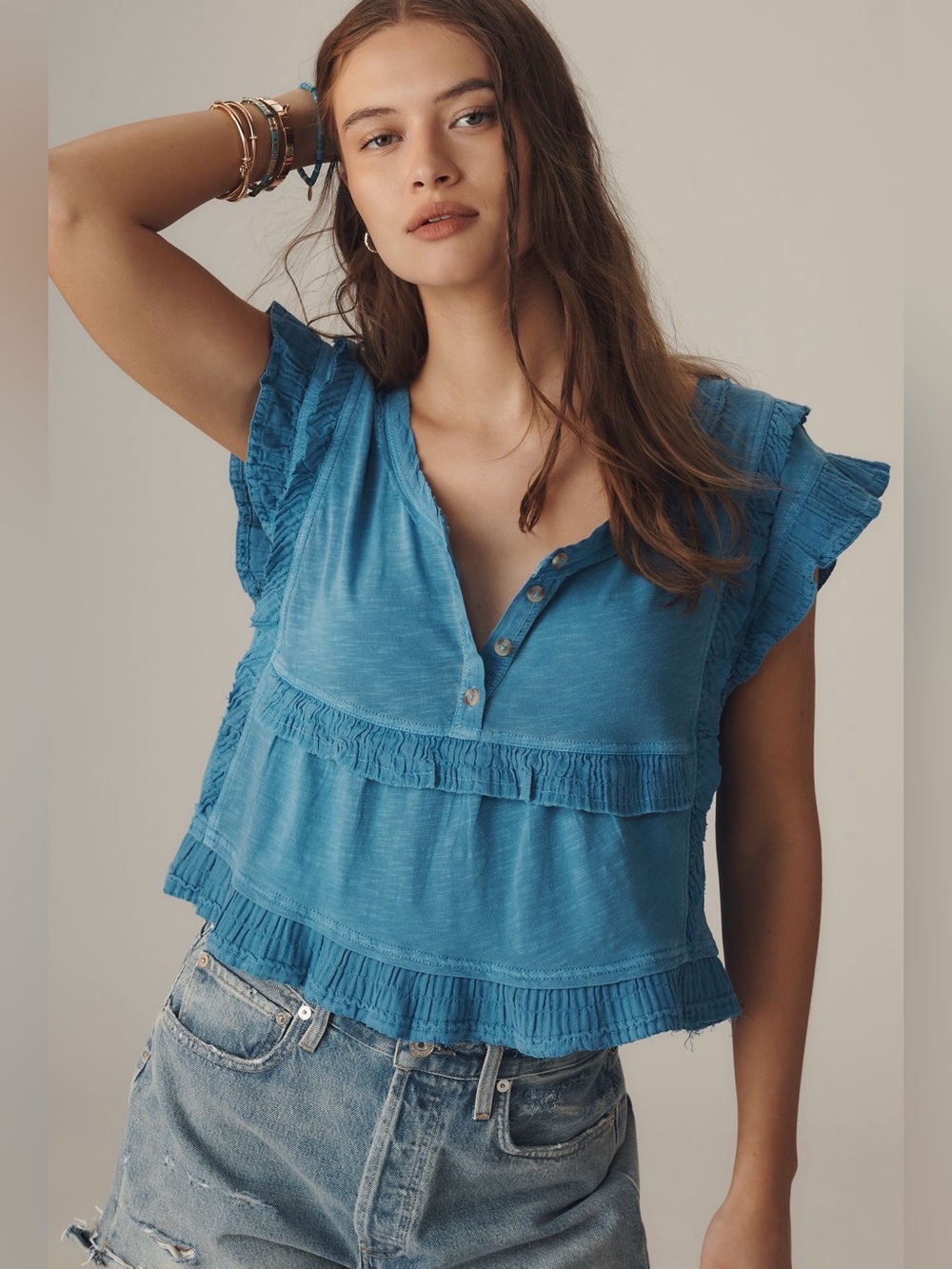 Anthropologie Pilcro Short Sleeve Ruffle-trim Henley Baby T-shirt In Blue Medium